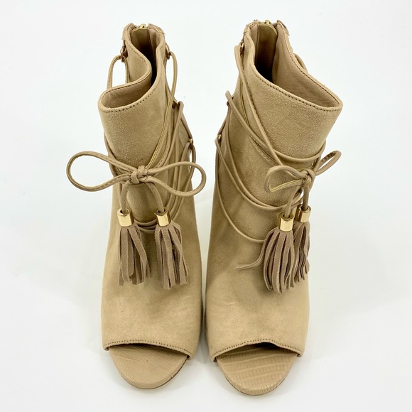 BEBE Benci High Heel Tassel Open Toe Nude Suede Ankle Bootie Size 9 - Picture 7 of 16